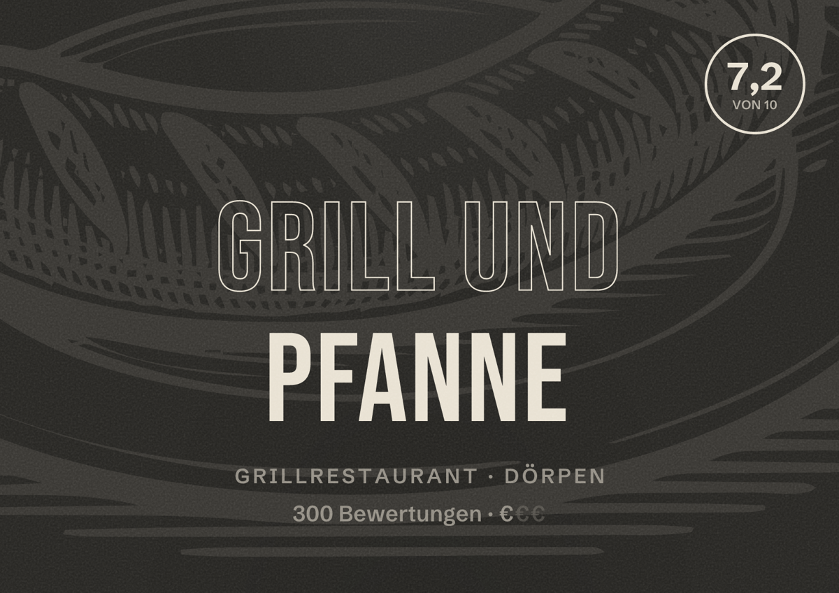 Illustriertes Poster von Grill und Pfanne, Grillrestaurant in Dörpen: Bewertung 7,2 von 10 aus 300 Bewertungen, Preisniveau €