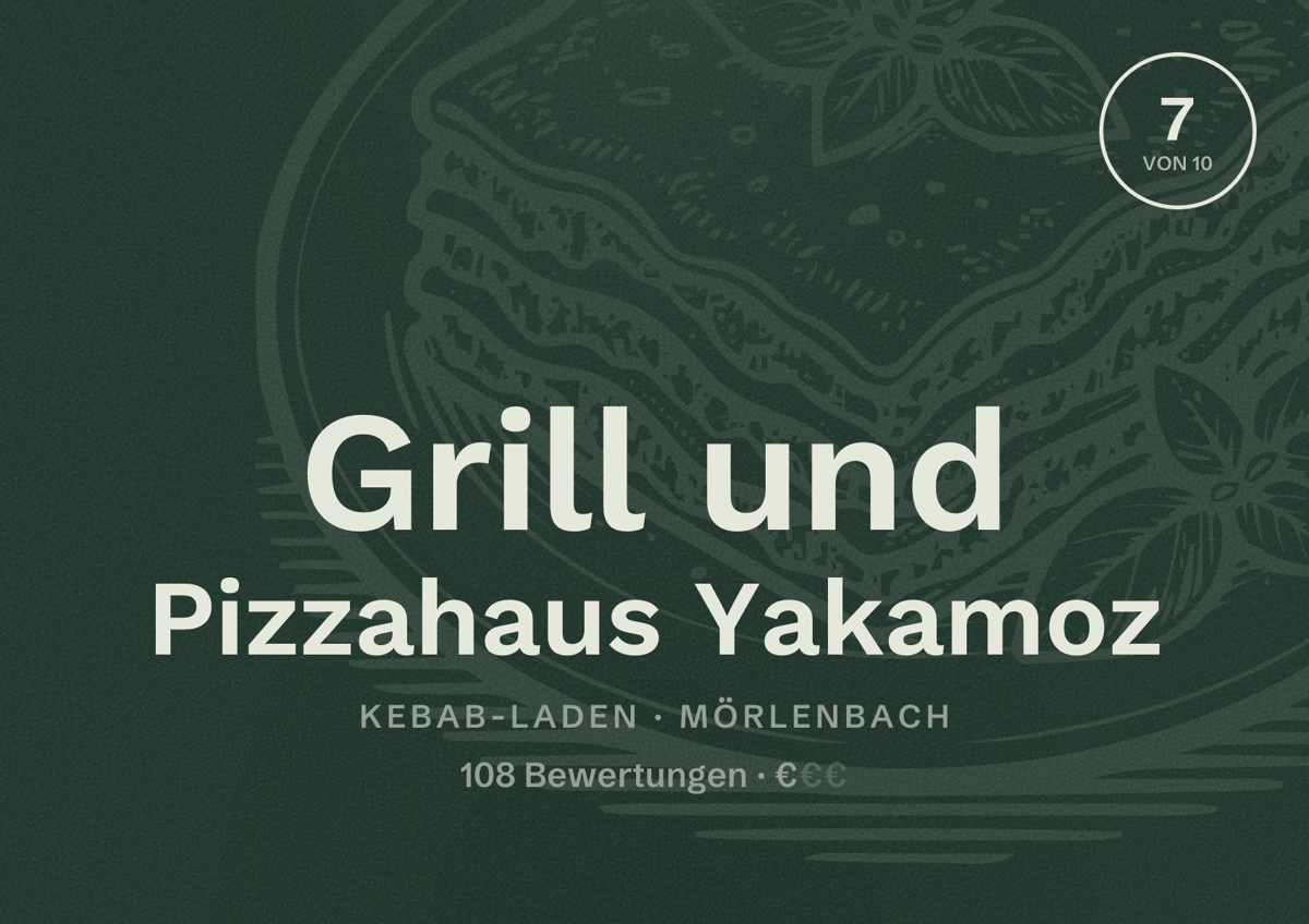 Illustriertes Poster von Grill und Pizzahaus Yakamoz, Kebab-Laden in Mörlenbach: Bewertung 7 von 10 aus 108 Bewertungen, Preisniveau €