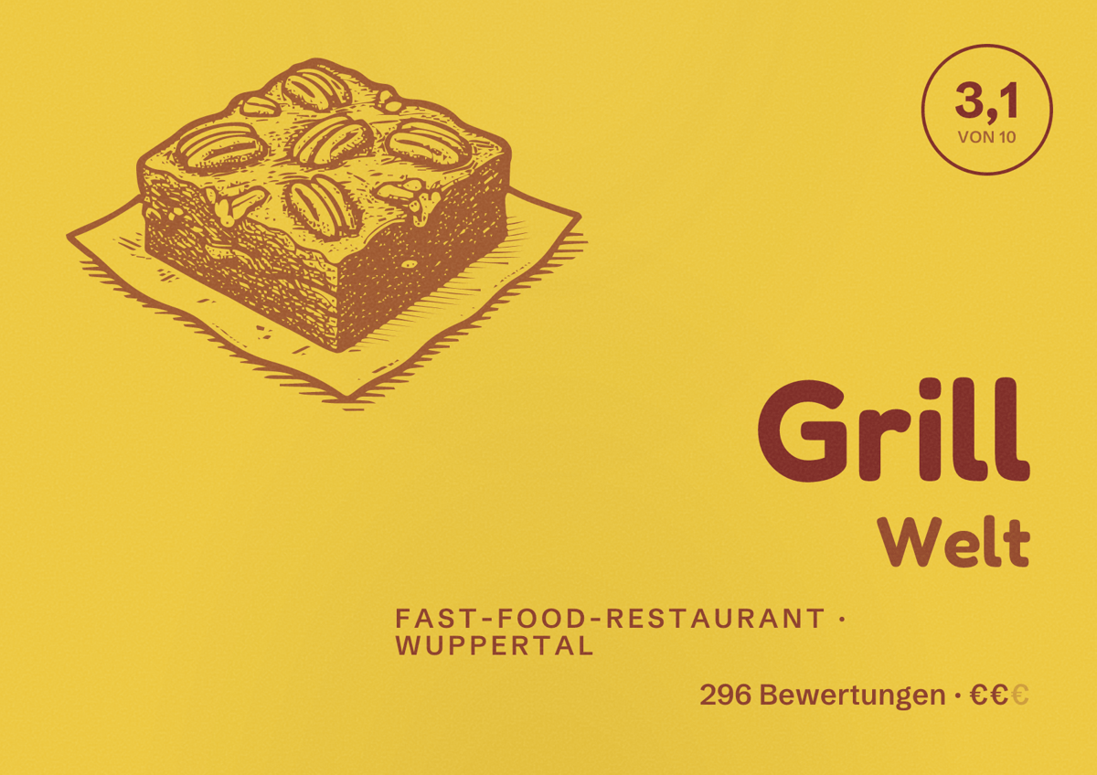 Illustriertes Poster von Grill Welt, Fast-Food-Restaurant in Wuppertal: Bewertung 3,1 von 10 aus 296 Bewertungen, Preisniveau €€