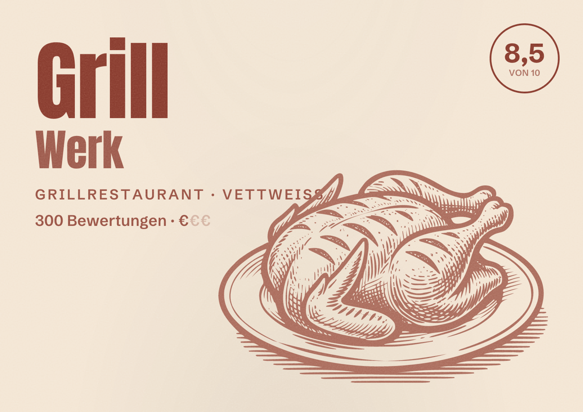 Illustriertes Poster von Grill Werk, Grillrestaurant in Vettweiß: Bewertung 8,5 von 10 aus 300 Bewertungen, Preisniveau €