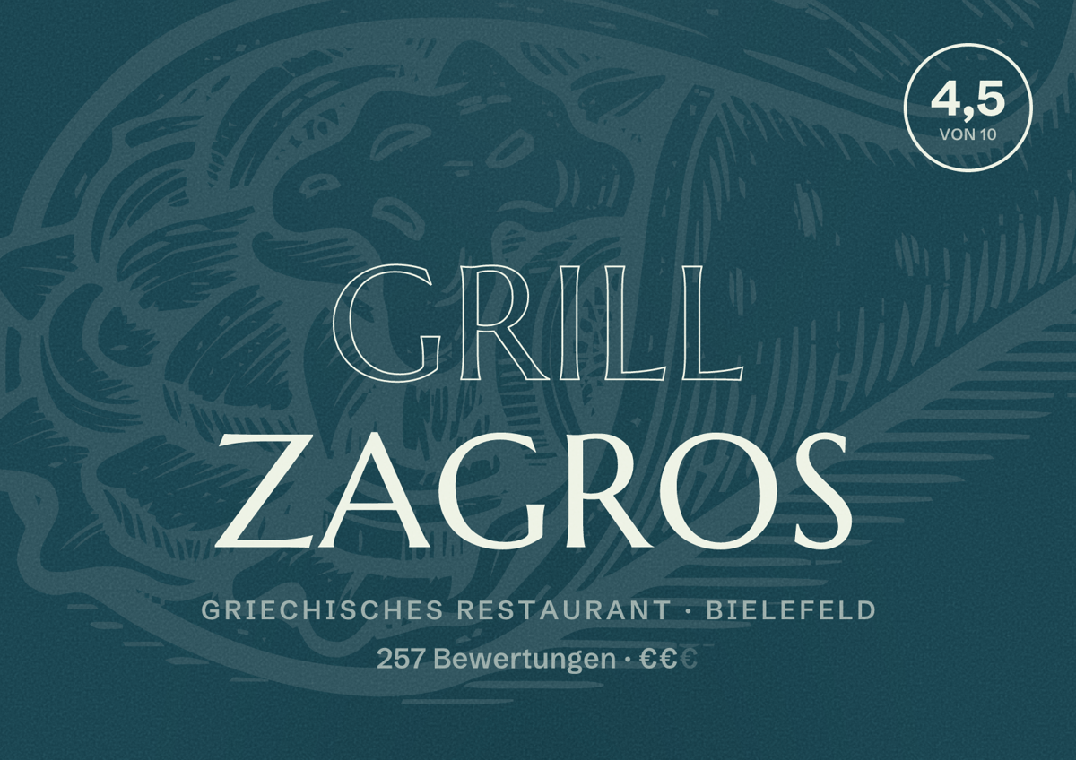 Illustriertes Poster von Grill Zagros, Griechisches Restaurant in Bielefeld: Bewertung 4,5 von 10 aus 257 Bewertungen, Preisniveau €€