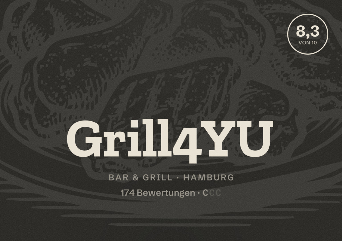 Illustriertes Poster von Grill4YU, Bar & Grill in Hamburg: Bewertung 8,3 von 10 aus 174 Bewertungen, Preisniveau €