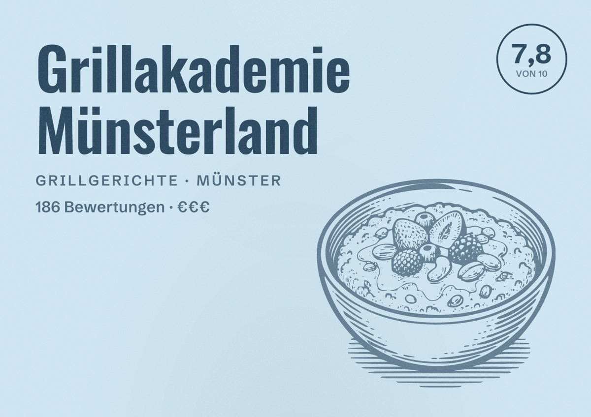 Illustriertes Poster von Grillakademie Münsterland, Grillgerichte in Münster: Bewertung 7,8 von 10 aus 186 Bewertungen, Preisniveau €€€