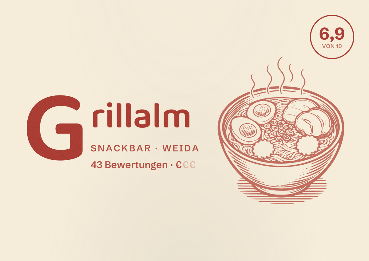 Illustriertes Poster von Grillalm, Snackbar in Weida: Bewertung 6,9 von 10 aus 43 Bewertungen, Preisniveau €