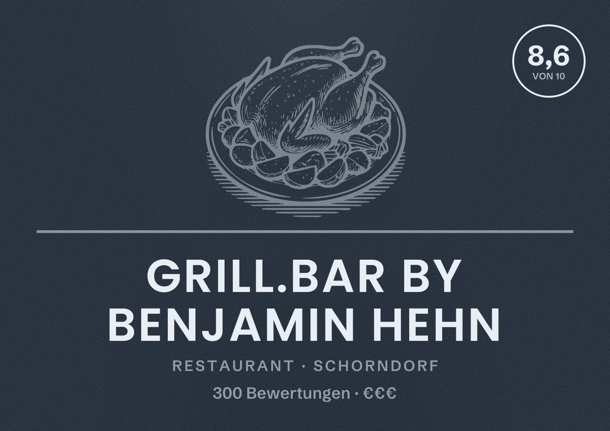 Illustriertes Poster von grill.bar by Benjamin Hehn, Restaurant in Schorndorf: Bewertung 8,6 von 10 aus 300 Bewertungen, Preisniveau €€€