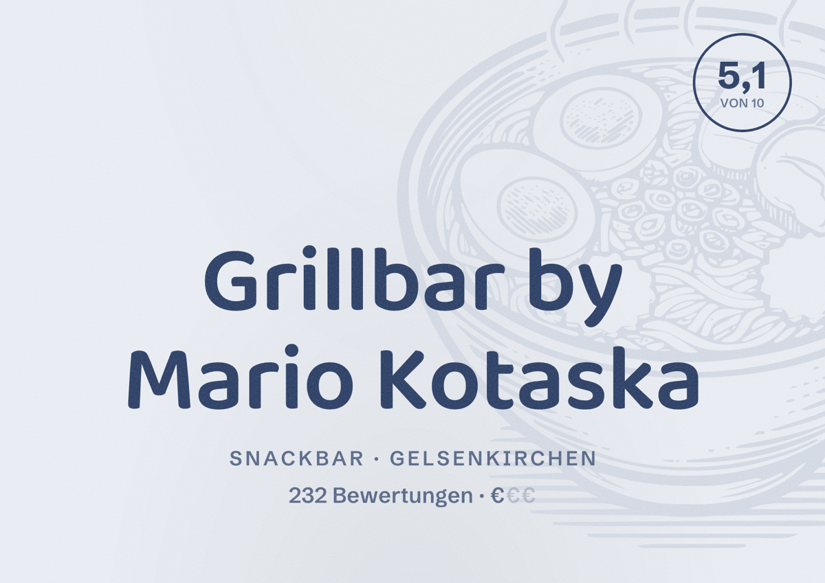 Illustriertes Poster von Grillbar by Mario Kotaska, Snackbar in Gelsenkirchen: Bewertung 5,1 von 10 aus 232 Bewertungen, Preisniveau €