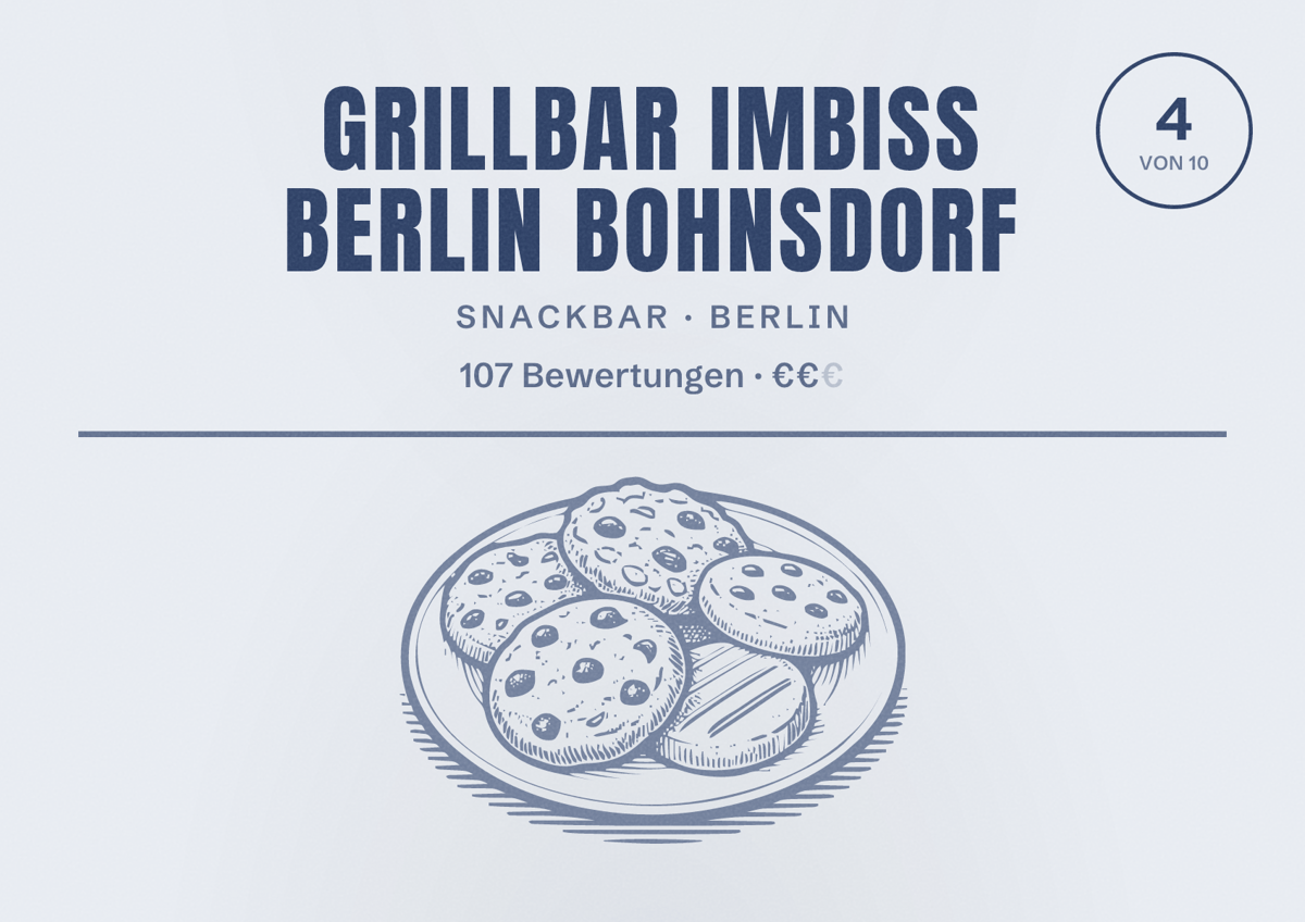 Illustriertes Poster von Grillbar Imbiss Berlin Bohnsdorf, Snackbar in Berlin: Bewertung 4 von 10 aus 107 Bewertungen, Preisniveau €€