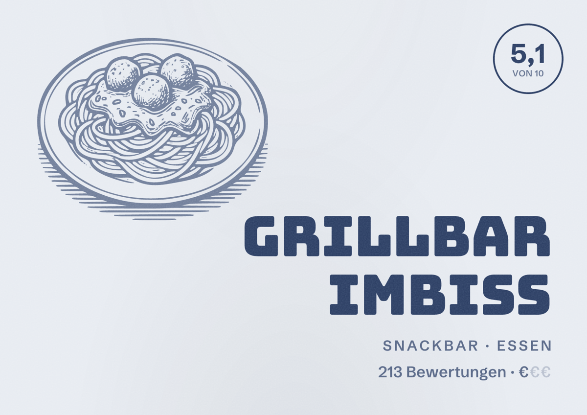 Illustriertes Poster von Grillbar Imbiss, Snackbar in Essen: Bewertung 5,1 von 10 aus 213 Bewertungen, Preisniveau €