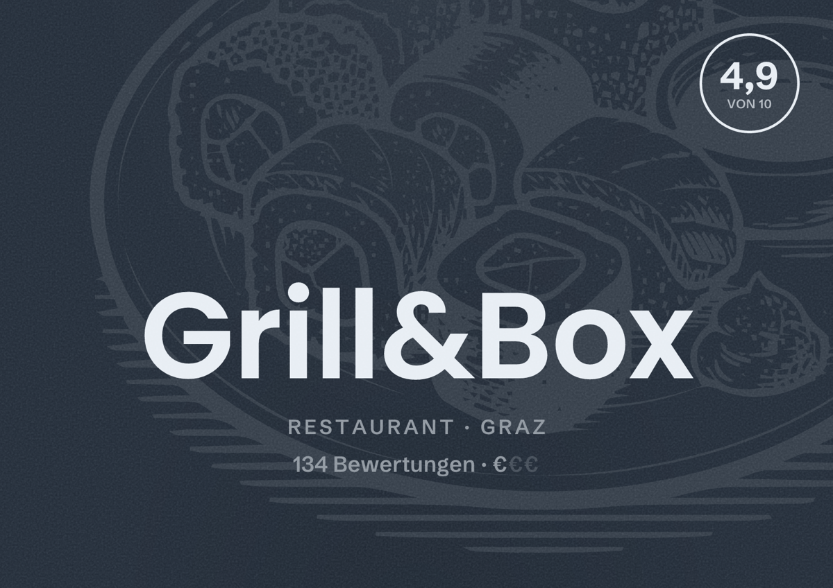 Illustriertes Poster von Grill&Box, Restaurant in Graz: Bewertung 4,9 von 10 aus 134 Bewertungen, Preisniveau €