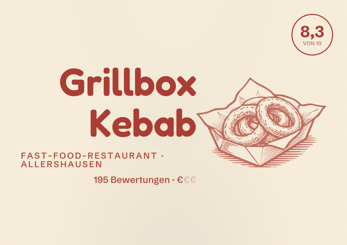 Illustriertes Poster von Grillbox Kebab, Fast-Food-Restaurant in Allershausen: Bewertung 8,3 von 10 aus 195 Bewertungen, Preisniveau €