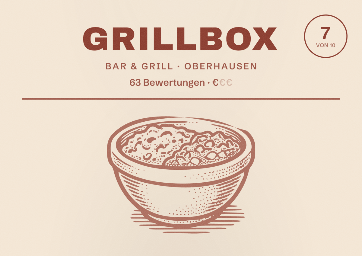 Illustriertes Poster von GrillBox, Bar & Grill in Oberhausen: Bewertung 7 von 10 aus 63 Bewertungen, Preisniveau €