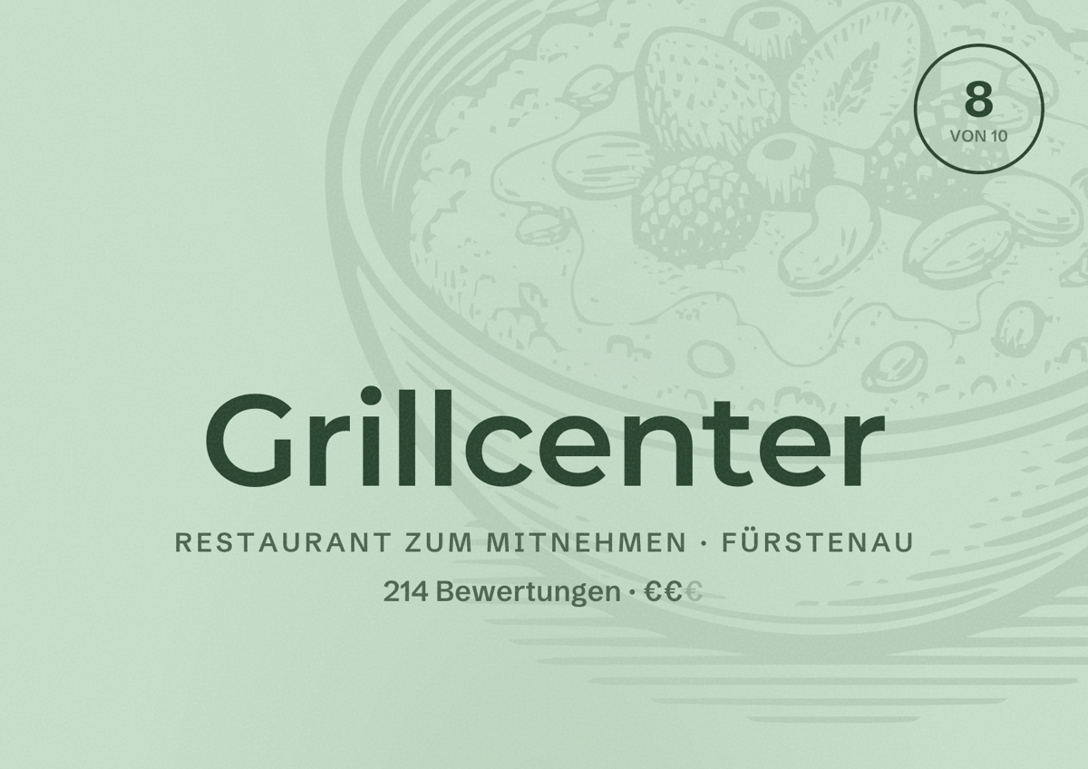 Illustriertes Poster von Grillcenter, Restaurant zum Mitnehmen in Fürstenau: Bewertung 8 von 10 aus 214 Bewertungen, Preisniveau €€
