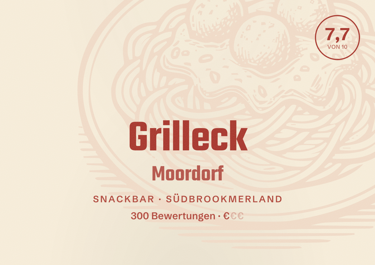 Illustriertes Poster von Grilleck Moordorf, Snackbar in Südbrookmerland: Bewertung 7,7 von 10 aus 300 Bewertungen, Preisniveau €