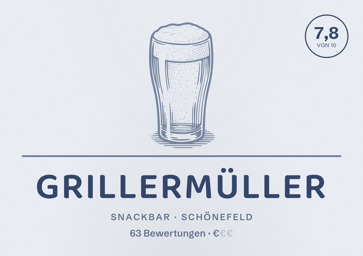 Illustriertes Poster von Grillermüller, Snackbar in Schönefeld: Bewertung 7,8 von 10 aus 63 Bewertungen, Preisniveau €