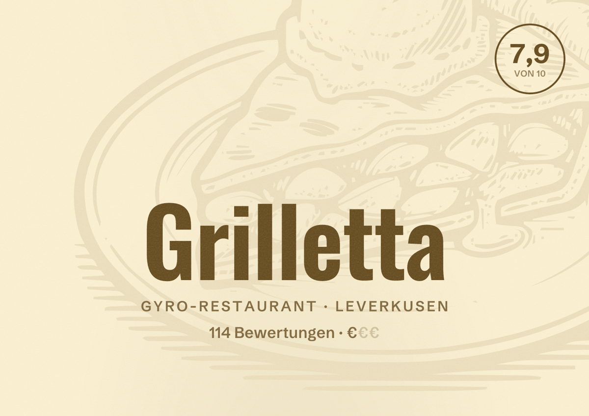 Illustriertes Poster von Grilletta, Gyro-Restaurant in Leverkusen: Bewertung 7,9 von 10 aus 114 Bewertungen, Preisniveau €