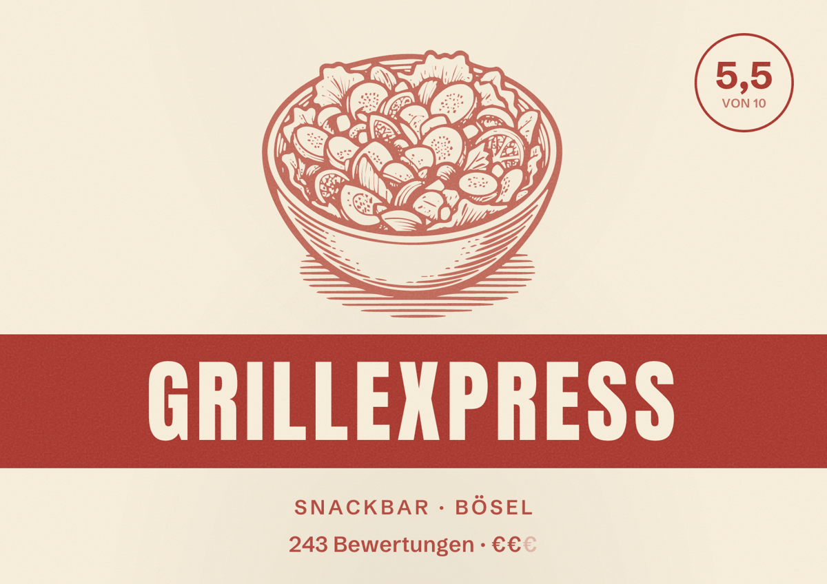 Illustriertes Poster von Grillexpress, Snackbar in Bösel: Bewertung 5,5 von 10 aus 243 Bewertungen, Preisniveau €€