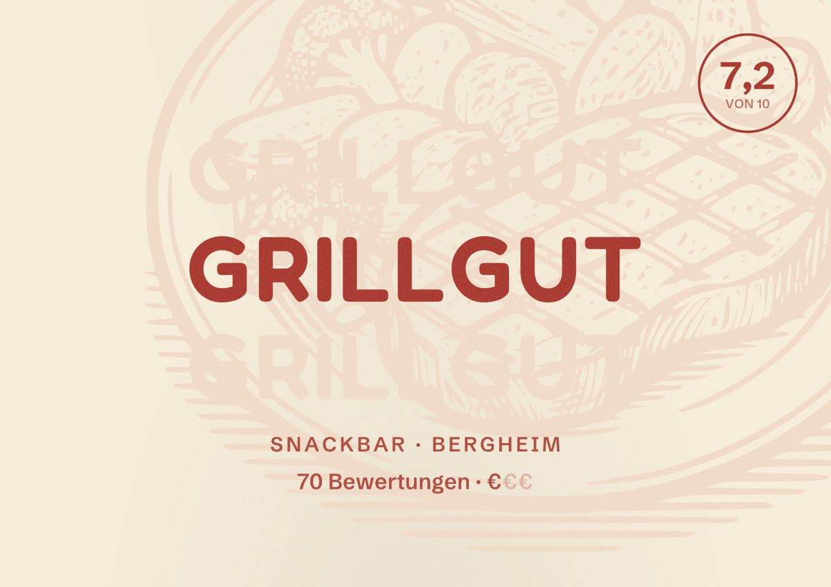 Illustriertes Poster von GrillGut, Snackbar in Bergheim: Bewertung 7,2 von 10 aus 70 Bewertungen, Preisniveau €