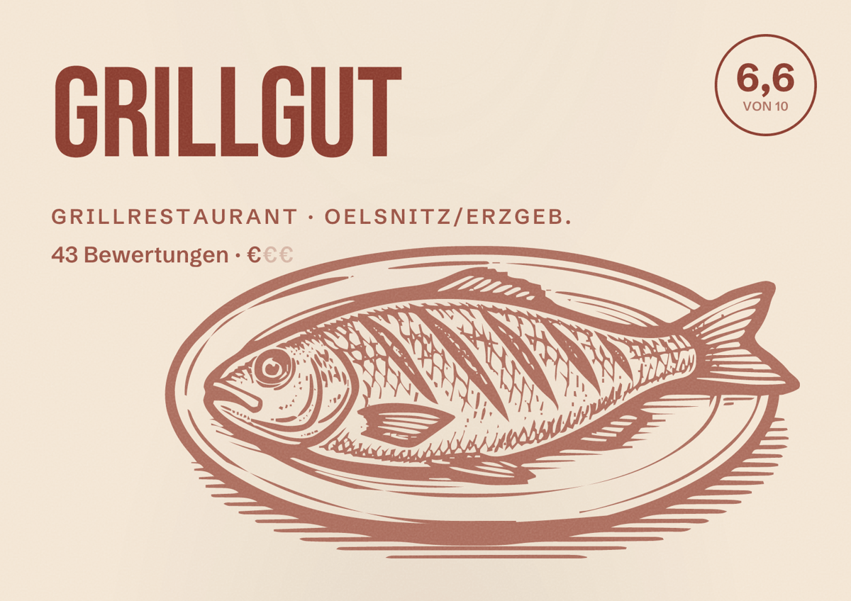 Illustriertes Poster von GrillGut, Grillrestaurant in Oelsnitz/Erzgeb.: Bewertung 6,6 von 10 aus 43 Bewertungen, Preisniveau €
