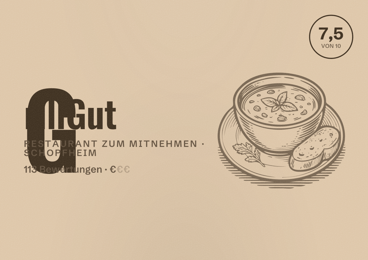 Illustriertes Poster von GrillGut, Restaurant zum Mitnehmen in Schopfheim: Bewertung 7,5 von 10 aus 113 Bewertungen, Preisniveau €