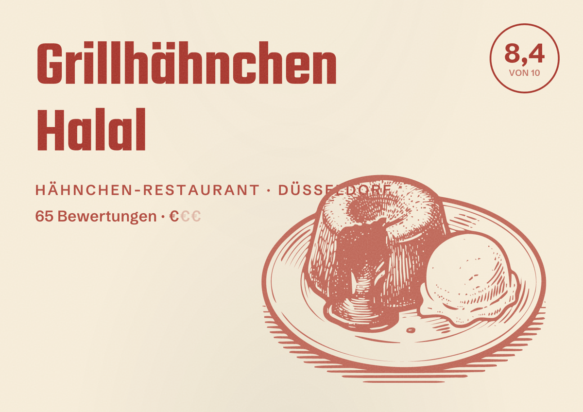 Illustriertes Poster von Grillhähnchen Halal, Hähnchen-Restaurant in Düsseldorf: Bewertung 8,4 von 10 aus 65 Bewertungen, Preisniveau €