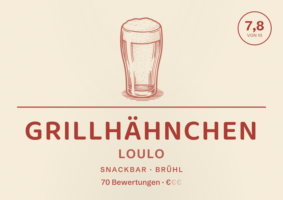 Illustriertes Poster von Grillhähnchen Loulo, Snackbar in Brühl: Bewertung 7,8 von 10 aus 70 Bewertungen, Preisniveau €