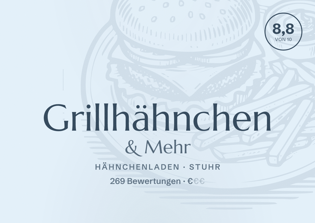 Illustriertes Poster von Grillhähnchen & Mehr, Hähnchenladen in Stuhr: Bewertung 8,8 von 10 aus 269 Bewertungen, Preisniveau €