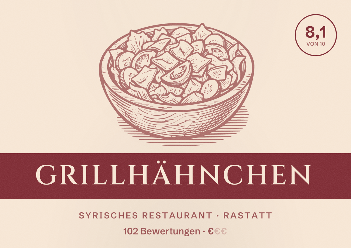Illustriertes Poster von Grillhähnchen, Syrisches Restaurant in Rastatt: Bewertung 8,1 von 10 aus 102 Bewertungen, Preisniveau €