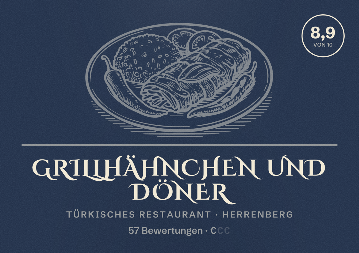 Illustriertes Poster von Grillhähnchen und Döner, Türkisches Restaurant in Herrenberg: Bewertung 8,9 von 10 aus 57 Bewertungen, Preisniveau €