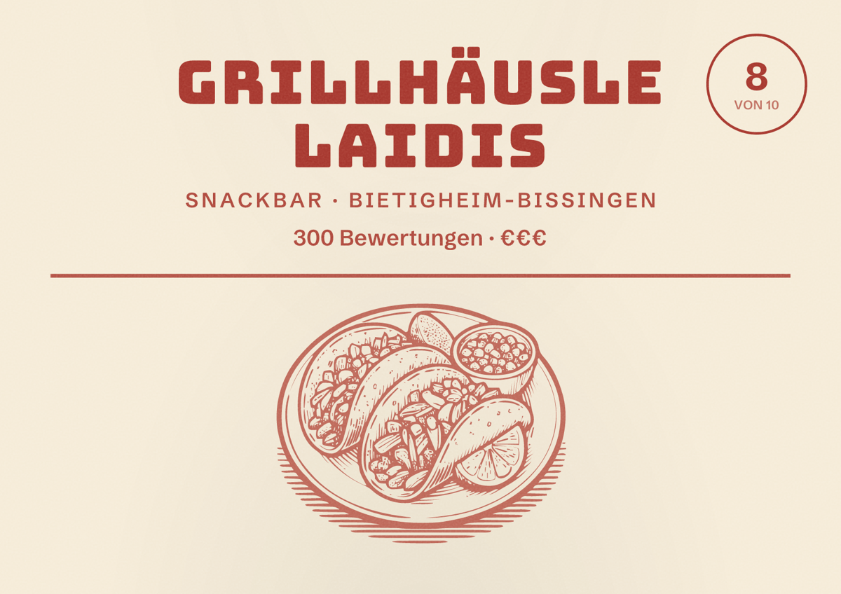 Illustriertes Poster von Grillhäusle Laidis, Snackbar in Bietigheim-Bissingen: Bewertung 8 von 10 aus 300 Bewertungen, Preisniveau €€€