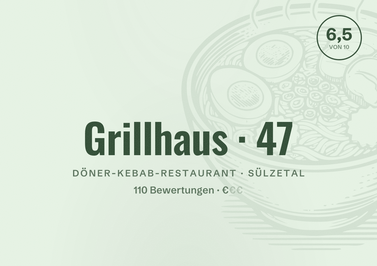 Illustriertes Poster von Grillhaus 47, Döner-Kebab-Restaurant in Sülzetal: Bewertung 6,5 von 10 aus 110 Bewertungen, Preisniveau €