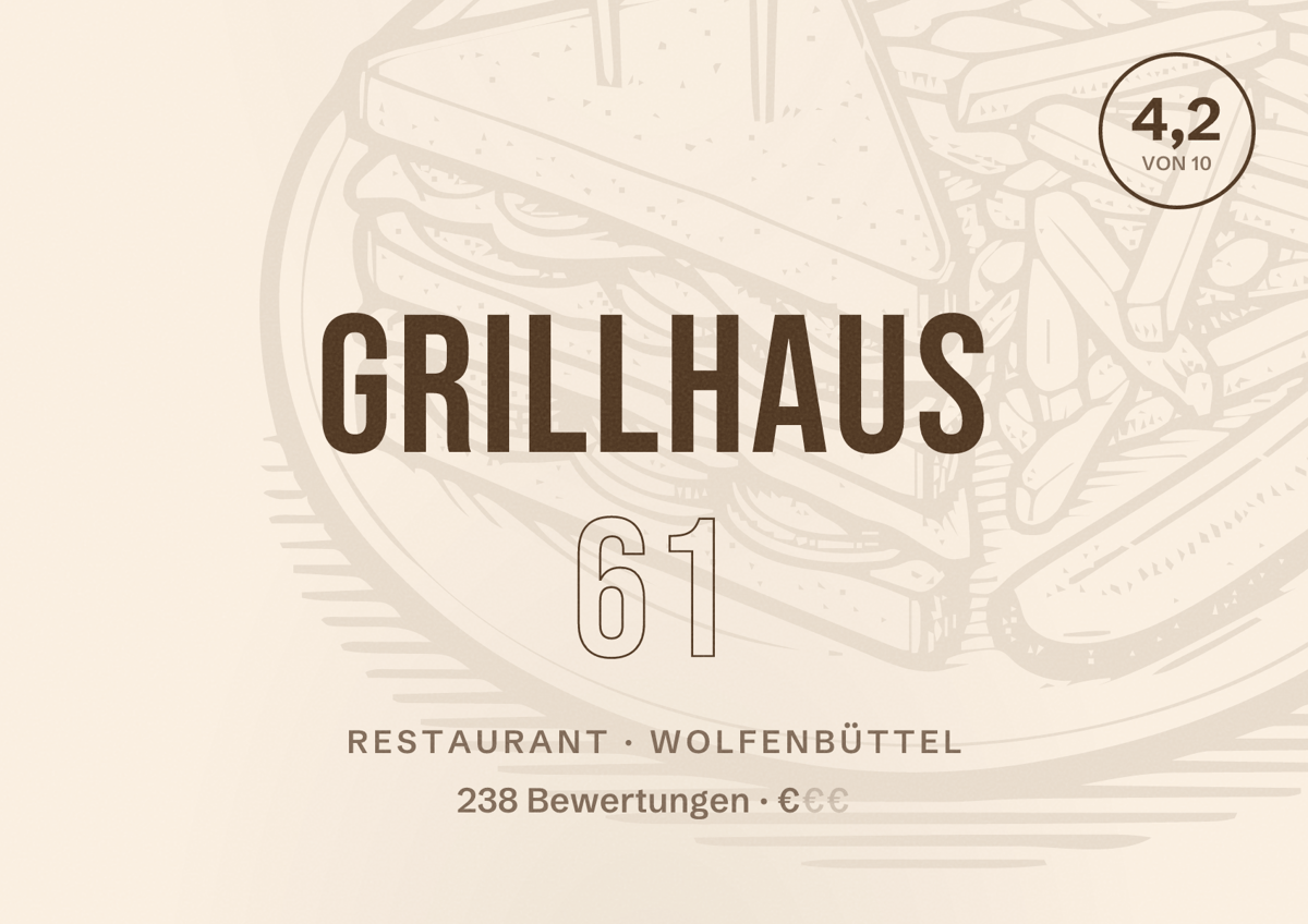 Illustriertes Poster von Grillhaus 61, Restaurant in Wolfenbüttel: Bewertung 4,2 von 10 aus 238 Bewertungen, Preisniveau €