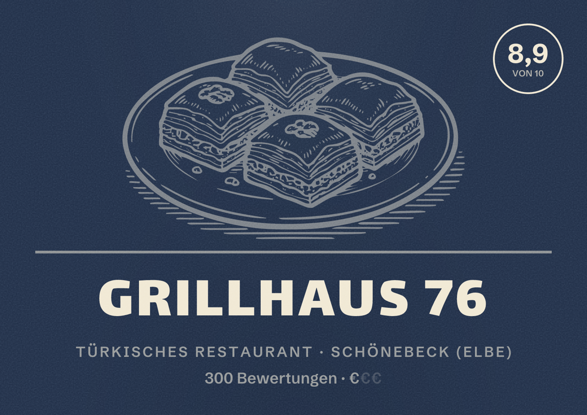 Illustriertes Poster von Grillhaus 76, Türkisches Restaurant in Schönebeck (Elbe): Bewertung 8,9 von 10 aus 300 Bewertungen, Preisniveau €