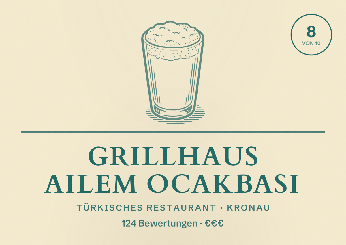 Illustriertes Poster von Grillhaus Ailem Ocakbasi, Türkisches Restaurant in Kronau: Bewertung 8 von 10 aus 124 Bewertungen, Preisniveau €€€