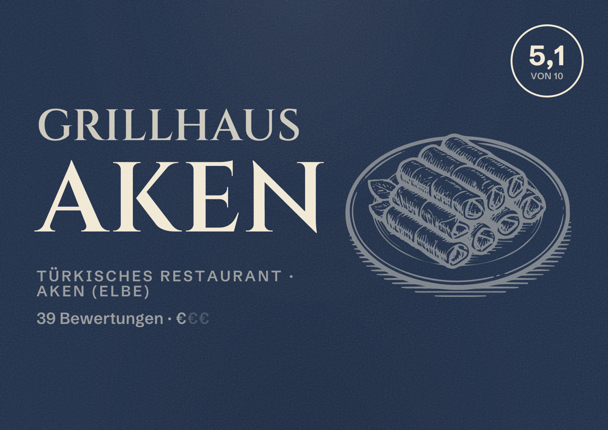 Illustriertes Poster von Grillhaus Aken, Türkisches Restaurant in Aken (Elbe): Bewertung 5,1 von 10 aus 39 Bewertungen, Preisniveau €