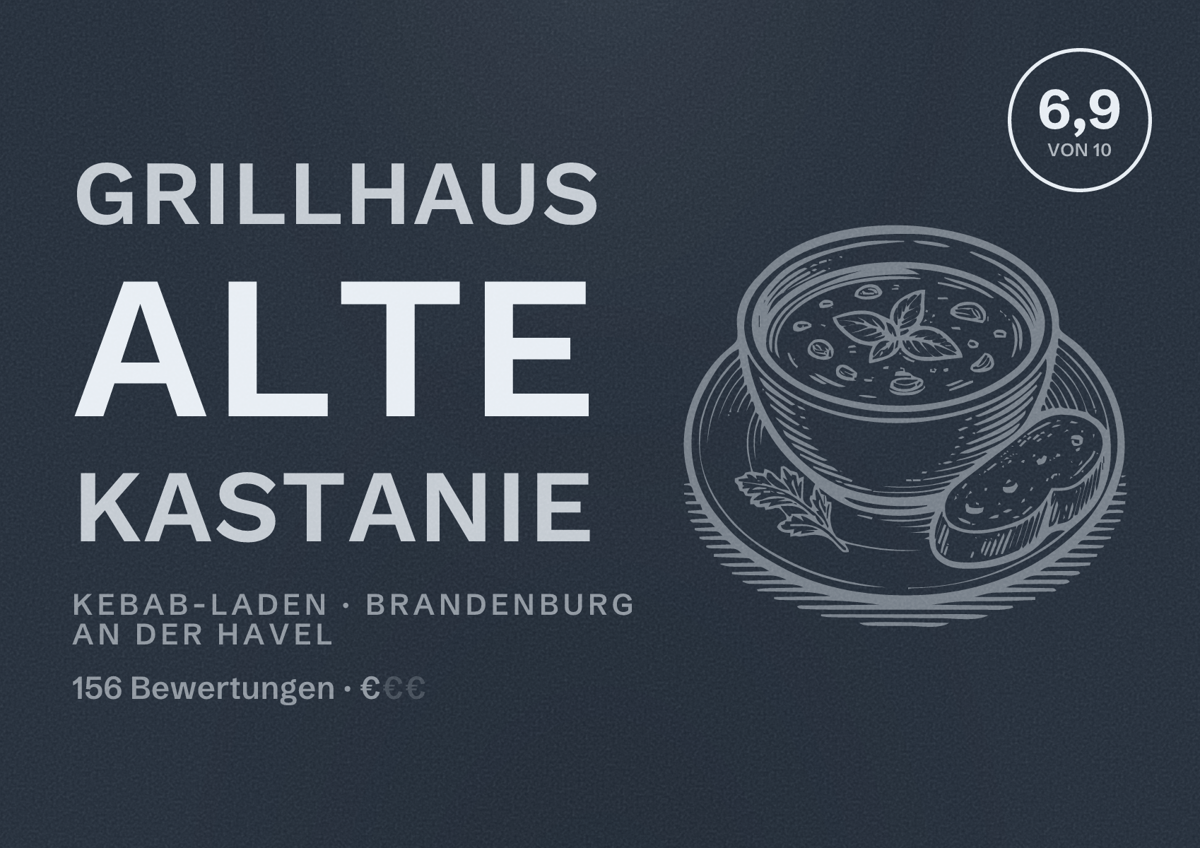Illustriertes Poster von Grillhaus Alte Kastanie, Kebab-Laden in Brandenburg an der Havel: Bewertung 6,9 von 10 aus 156 Bewertungen, Preisniveau €
