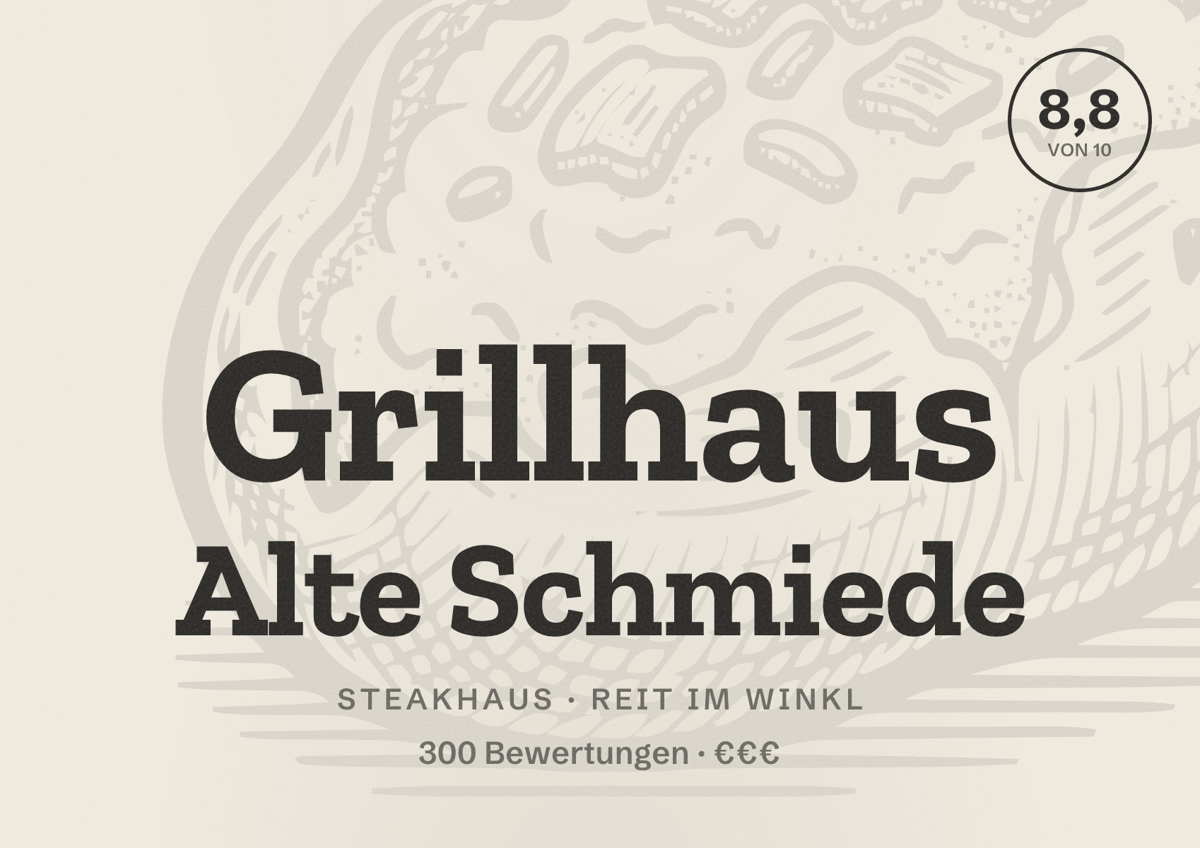 Illustriertes Poster von Grillhaus Alte Schmiede, Steakhaus in Reit im Winkl: Bewertung 8,8 von 10 aus 300 Bewertungen, Preisniveau €€€