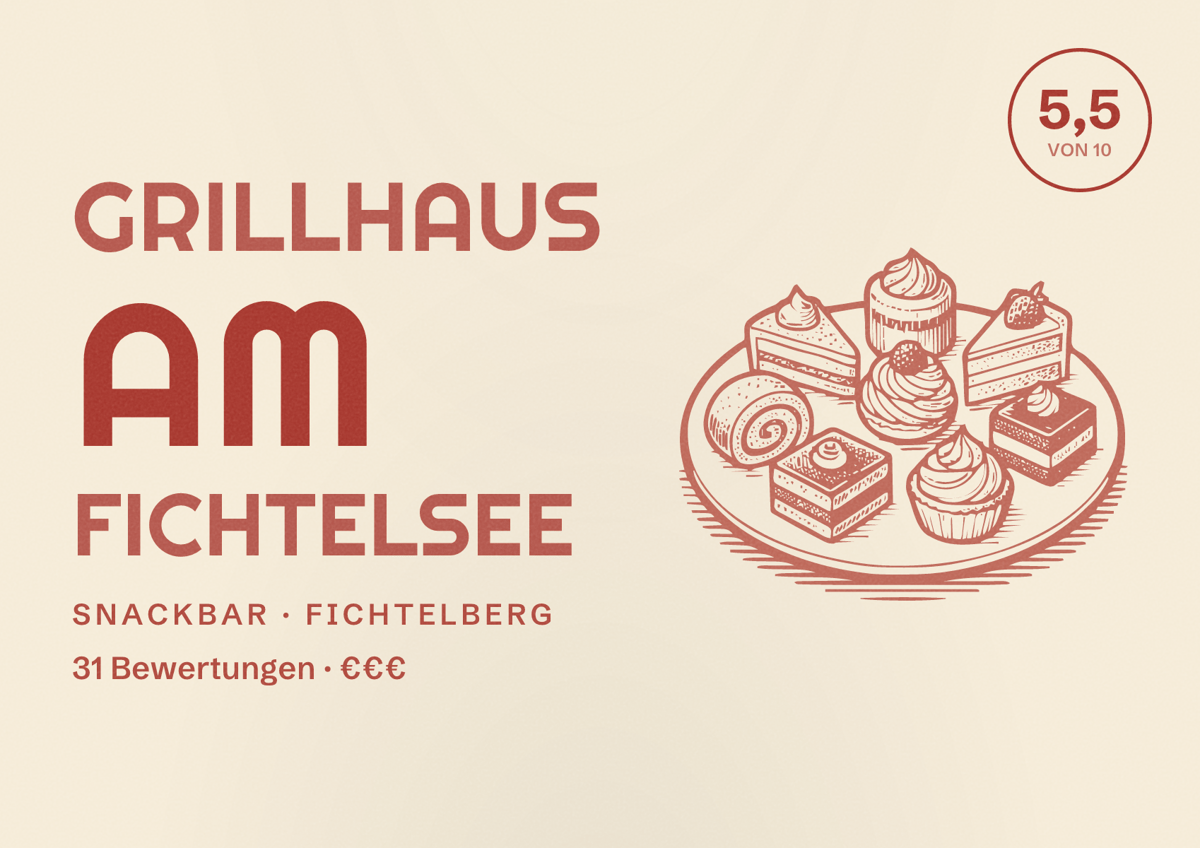 Illustriertes Poster von Grillhaus am Fichtelsee, Snackbar in Fichtelberg: Bewertung 5,5 von 10 aus 31 Bewertungen, Preisniveau €€€