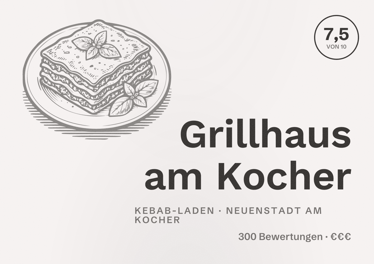 Illustriertes Poster von Grillhaus am Kocher, Kebab-Laden in Neuenstadt am Kocher: Bewertung 7,5 von 10 aus 300 Bewertungen, Preisniveau €€€