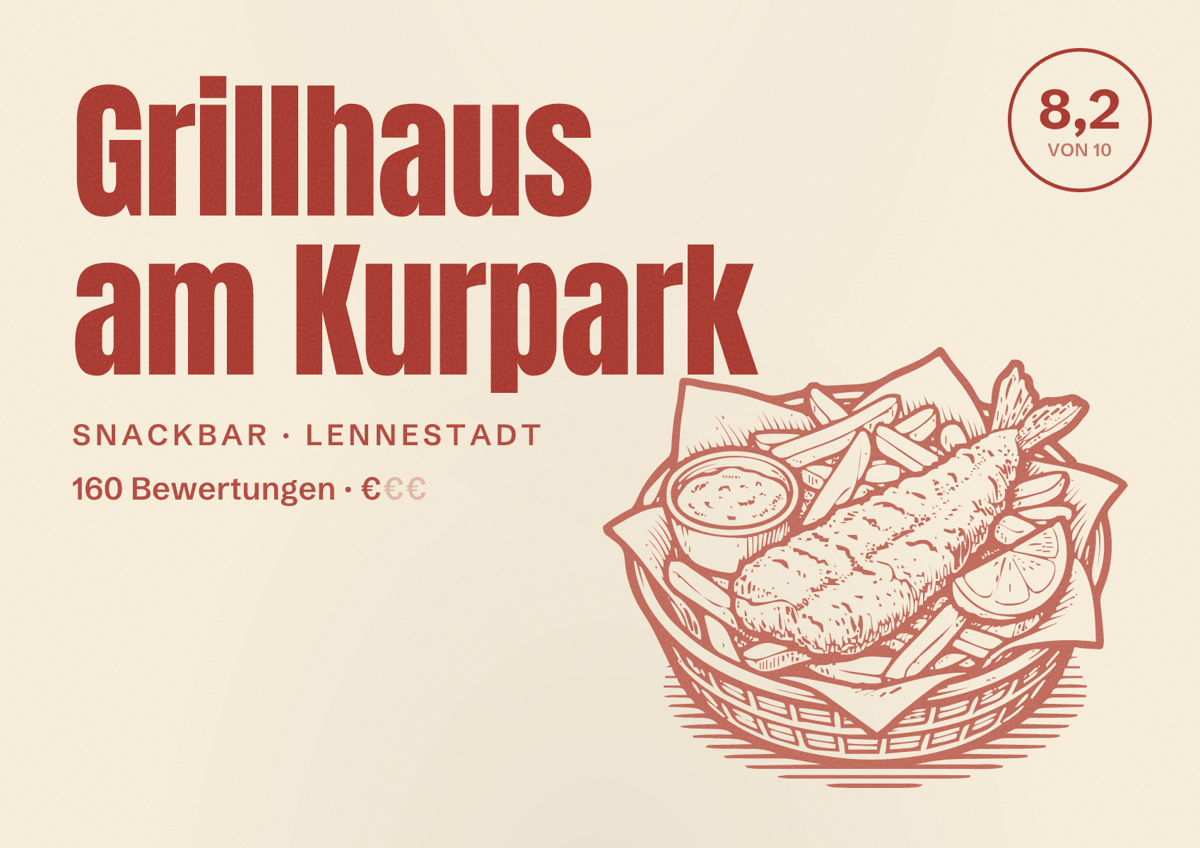 Illustriertes Poster von Grillhaus am Kurpark, Snackbar in Lennestadt: Bewertung 8,2 von 10 aus 160 Bewertungen, Preisniveau €