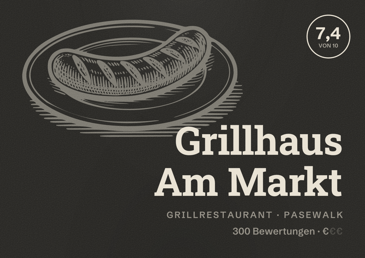 Illustriertes Poster von Grillhaus Am Markt, Grillrestaurant in Pasewalk: Bewertung 7,4 von 10 aus 300 Bewertungen, Preisniveau €