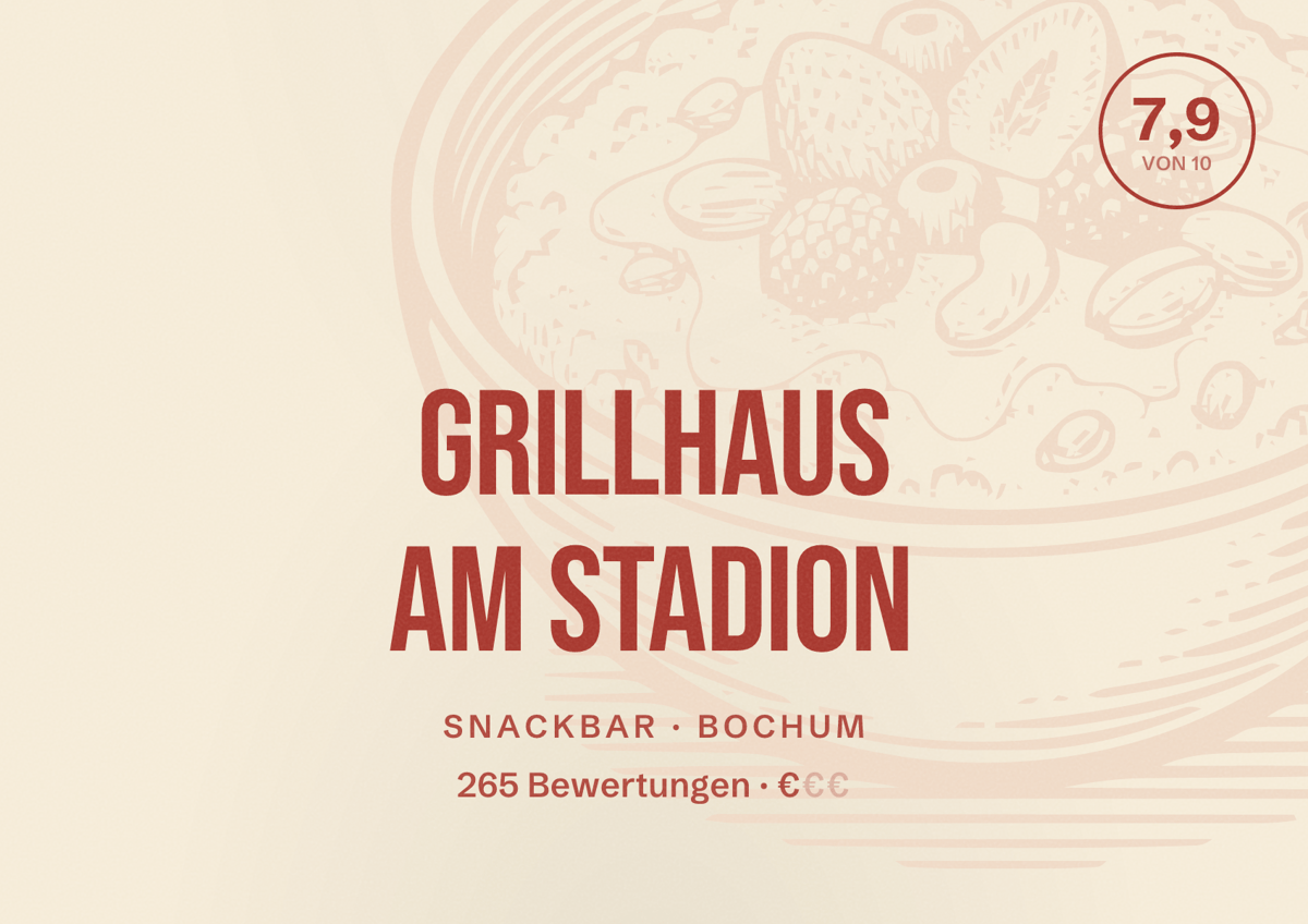 Illustriertes Poster von Grillhaus Am Stadion, Snackbar in Bochum: Bewertung 7,9 von 10 aus 265 Bewertungen, Preisniveau €