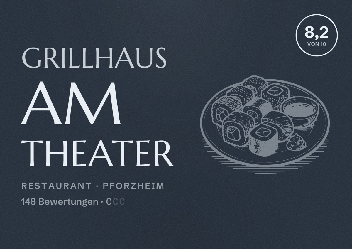 Illustriertes Poster von Grillhaus am Theater, Restaurant in Pforzheim: Bewertung 8,2 von 10 aus 148 Bewertungen, Preisniveau €