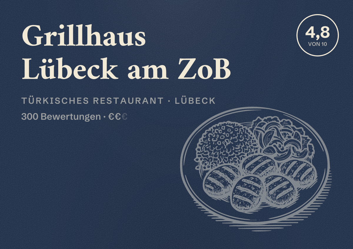 Illustriertes Poster von Grillhaus Lübeck am ZoB, Türkisches Restaurant in Lübeck: Bewertung 4,8 von 10 aus 300 Bewertungen, Preisniveau €€