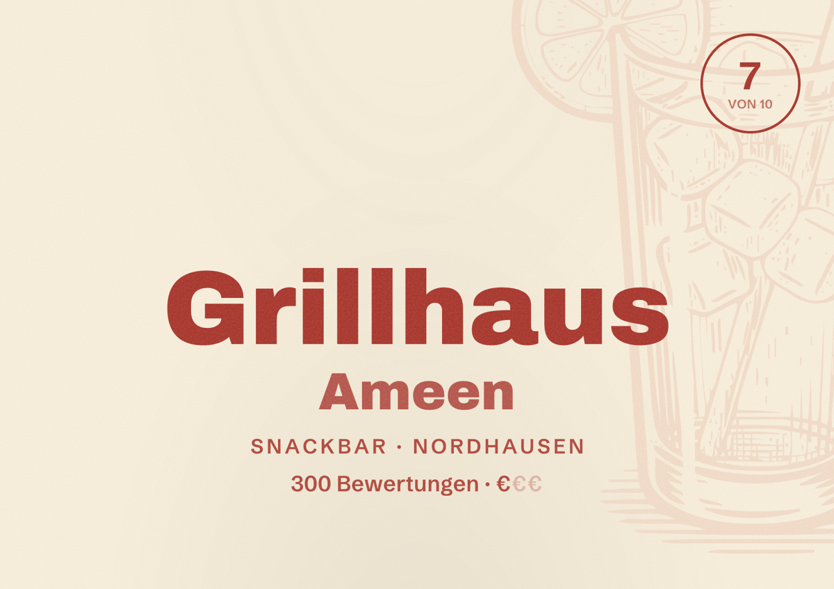 Illustriertes Poster von Grillhaus Ameen, Snackbar in Nordhausen: Bewertung 7 von 10 aus 300 Bewertungen, Preisniveau €