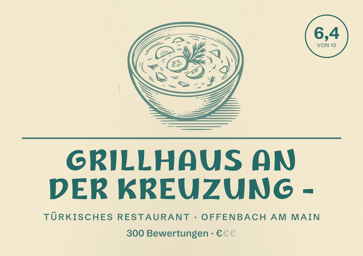 Illustriertes Poster von Grillhaus an der Kreuzung -, Türkisches Restaurant in Offenbach am Main: Bewertung 6,4 von 10 aus 300 Bewertungen, Preisniveau €