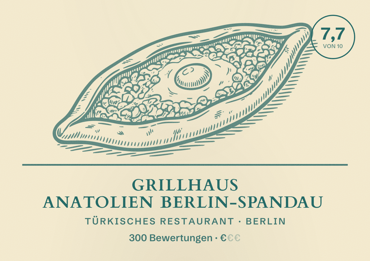 Illustriertes Poster von Grillhaus Anatolien Berlin-Spandau, Türkisches Restaurant in Berlin: Bewertung 7,7 von 10 aus 300 Bewertungen, Preisniveau €