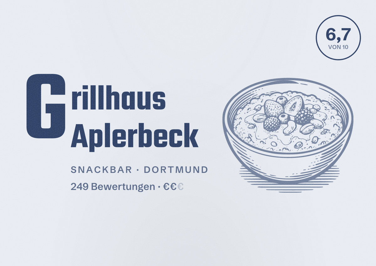 Illustriertes Poster von Grillhaus Aplerbeck, Snackbar in Dortmund: Gästebewertung 6,7 von 10 aus 249 Bewertungen