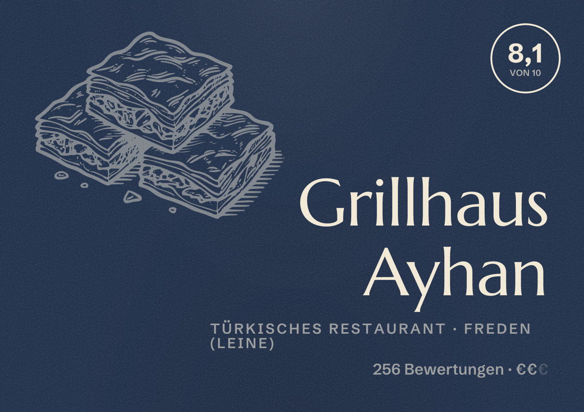 Illustriertes Poster von Grillhaus Ayhan, Türkisches Restaurant in Freden (Leine): Bewertung 8,1 von 10 aus 256 Bewertungen, Preisniveau €€