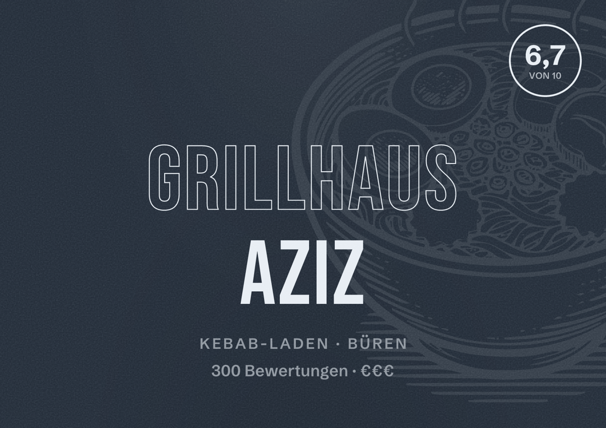 Illustriertes Poster von Grillhaus Aziz, Kebab-Laden in Büren: Bewertung 6,7 von 10 aus 300 Bewertungen, Preisniveau €€€