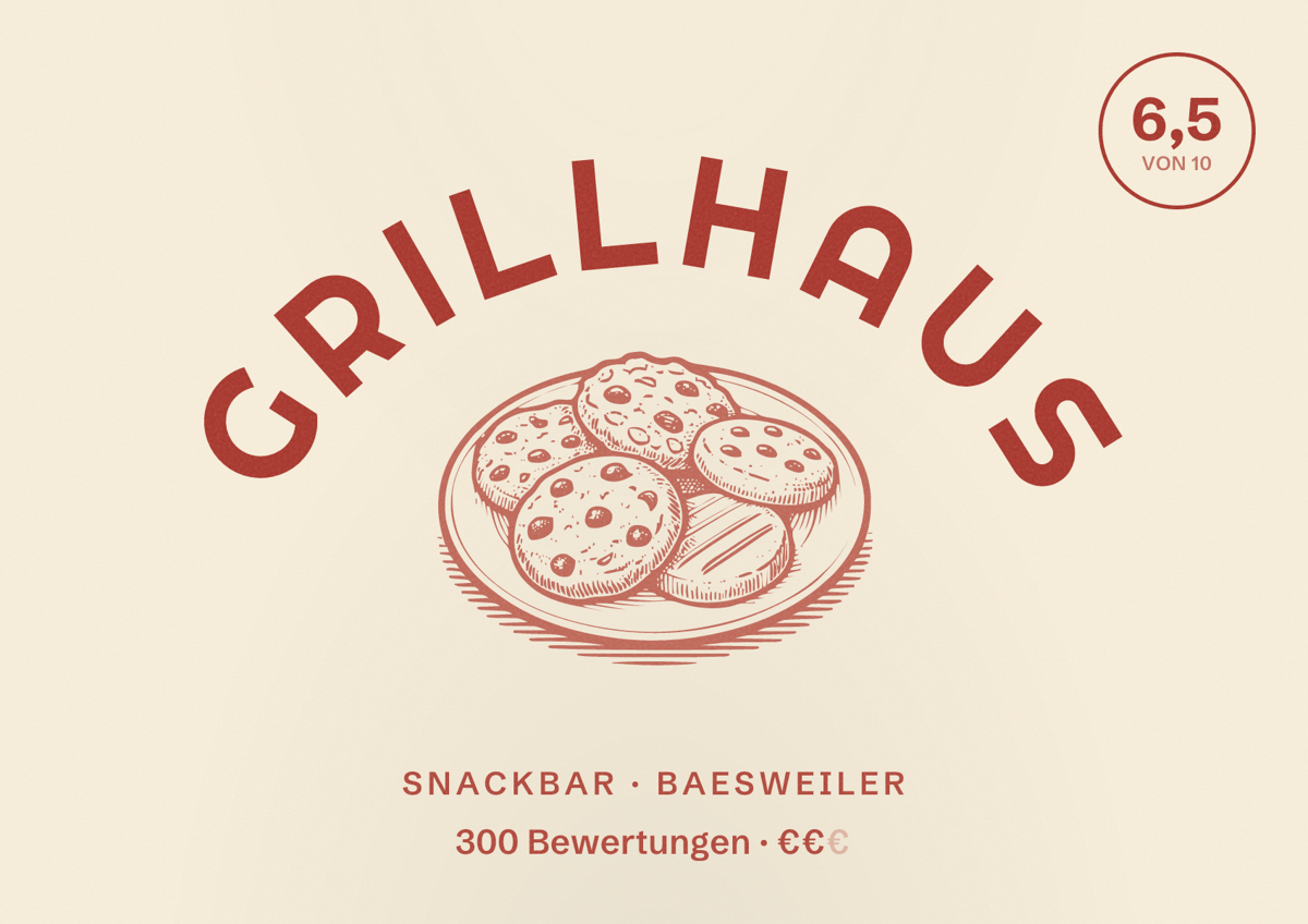Illustriertes Poster von Grillhaus, Snackbar in Baesweiler: Bewertung 6,5 von 10 aus 300 Bewertungen, Preisniveau €€